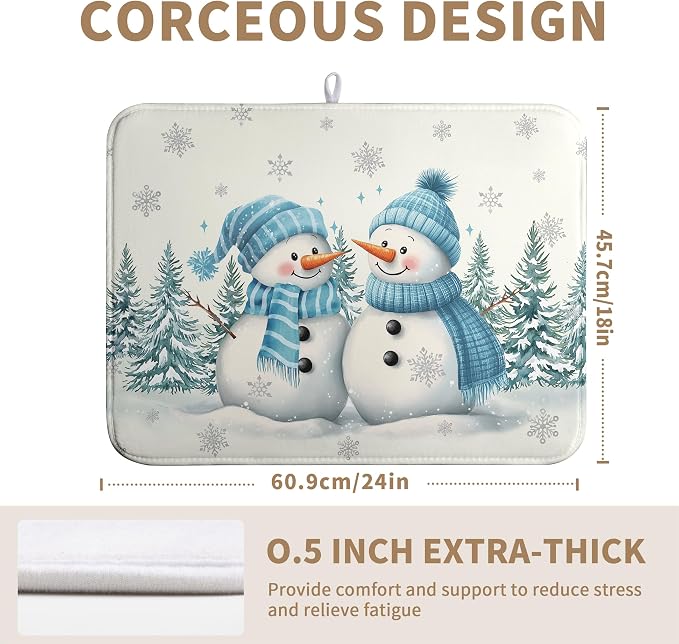 Winter Dish Drying Mat Winter Snowman Large Kitchen Mats Dish Drying Pad Blue Snowman Pine Tree Absorbent Dish Dryer Mat for Kitchen Countertops Microfiber Drainer Pad Dish Drying Mats (18x24 in)