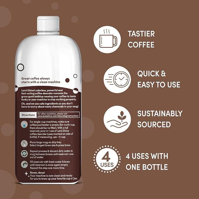Lemi Shine Coffee Descaler - Made with Food-Grade Citric Acid - 15 oz | Removes Tough Buildup - Food-Grade Citric Acid Coffee Maker Cleaner for Nespresso, Keurig, and More