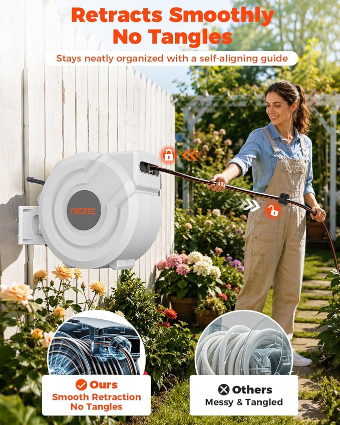 5/8 in 115ft Retractable Garden Hose Reel with Auto Rewind Any Length Lock Heavy Duty Hose Reel,9-Pattern Nozzle,180°Swivel,UV Resistant Wall Mount Water Hose Reel for Outdoor Garden Car Pet Patio