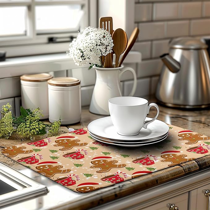Cute Gingerbread Man Xmas Dish Drying Mat, Absorbent Dish Pad, 18x24 inch