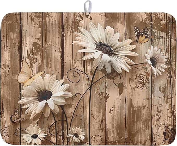 Summer Daisy Flowers Dish Drying Mat for Kitchen Counter 18x24 Inch Rustic Daisy Absorbent Dish Drying Mat Wood Microfiber Reversible Drying Pad Dish Drainer Mat for Countertops Tableware Decor