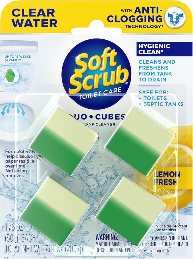 Soft Scrub In-Tank Toilet Cleaner Duo-Cubes, Lemon Fresh, Clear Water, 4 Ct, Cleans & Freshens, Helps Fight Toilet Ring, Hard Water & Limescale Stains