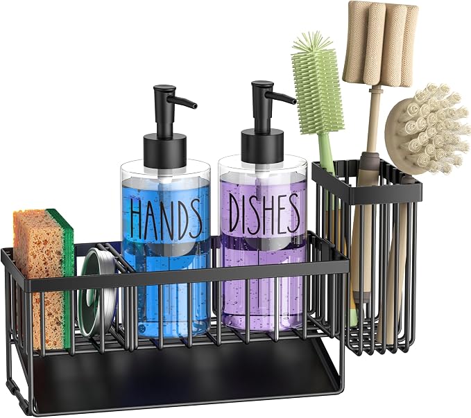 MASADI Kitchen Sink Caddy with Dish Soap Dispenser Set, 12OZ Glass Bottle, Hand and Dish Soap Dispenser Set, Non-Slip Silicone Pad, Brush Holder, Kitchen Sink Organizer Countertop (Black+Clear)