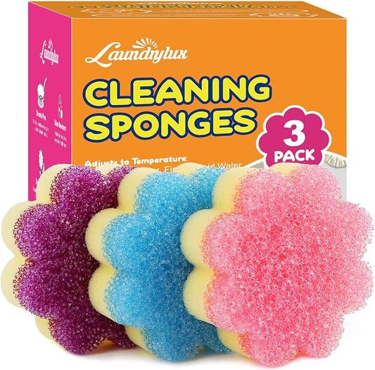 LAUNDRYLUX Scrub Sponge, Dual-Sided Temperature-Responsive Scrubber - Non-Scratch - Multipurpose Dish Sponges for Kitchens, Bathrooms, and Outdoor Use - 3 Pack