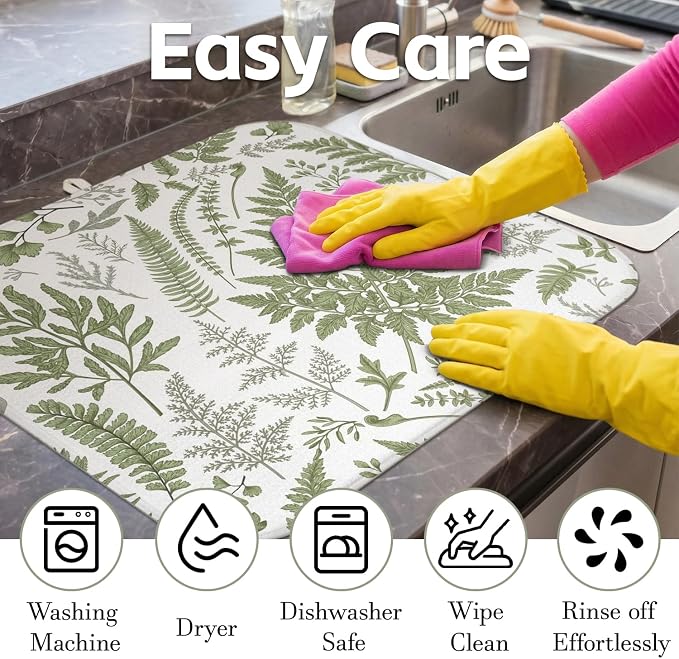 Boho Dish Drying Mat for Kitchen Counter,Botanical Fern Plant Floral Farmhouse Absorbent Microfiber Reusable Washable Non-Slip Dish Drainer Draining Mats Dishes Pad for Kitchen Decor 18x16 Inch