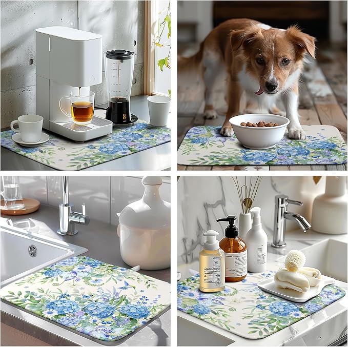 Blue Hydrangea Dish Drying Mat for Kitchen Counter 16 x 18 Inch Spring Floral Hummingbird Butterfly Absorbent Microfiber Dish Mat Reversible Washable Heat Resistant Dry Pad for Coffee Bar