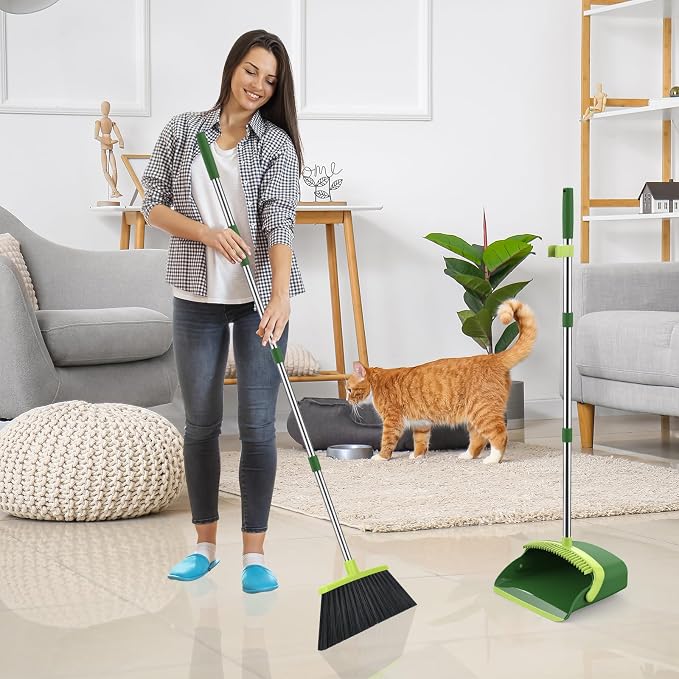 Broom and Dustpan Set, 52-in Long Adjustable Handle Broom Dustpan Combo with Dust pan Teeth to Automatically Clean Hair Suitable for Home Kitchen Office Hall Floor (Green), 2 Pack