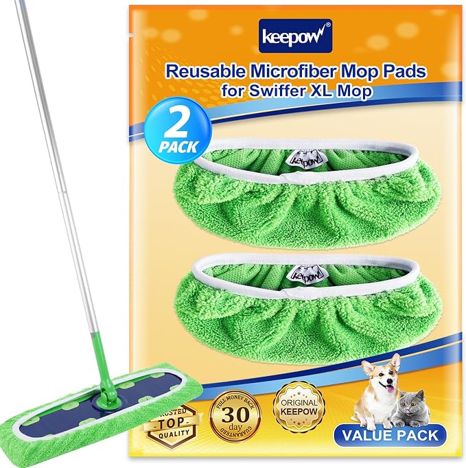KEEPOW Reusable Mop Refill Pads Replacement Compatible with Swiffer Heavy Duty Wet Mopping Cloths, XL Wet Pads, Dry Sweeping Cloths for Hardwood Floor Cleaning, 2 Pack