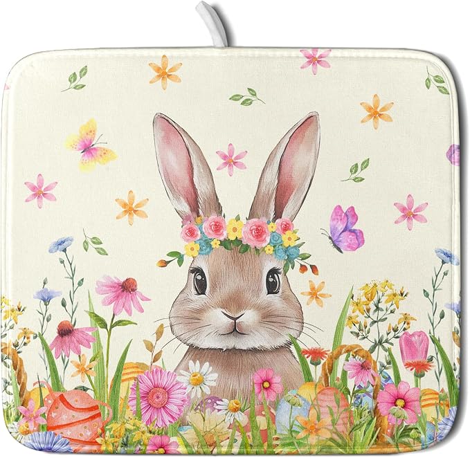 Easter Dish Drying Mat for Kitchen Counter Spring Easter Holiday Dish Drying Mat 16X18 Inch Reversible Absorbent Dish Pad Spring Wildflowers Dishes Drainer Pad Dish Drying Rack Mat for Countertop