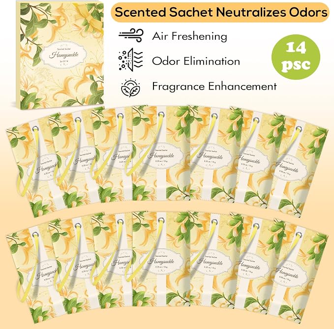 SCENTORINI Scented Sachets for Drawer and Closet, Honeysuckle Scent 14 Pack | Long-Lasting Sachets Bags Gift Set, Wardrobe Freshener for Dresser, Closet, Clothes Storage, Suitcases, Gym Bag, Locker