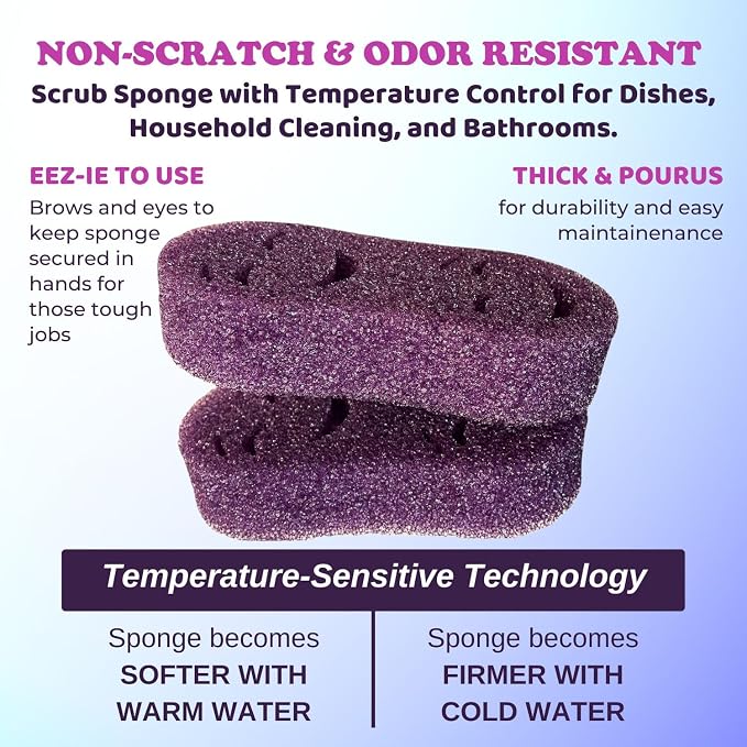 Smilyeez Double-Size Scrub Moji Sponge 2-Pack – Dual Smiling Faces, Temperature-Responsive Scrubber – Scratch-Free, Odor & Stain Resistant – Purple