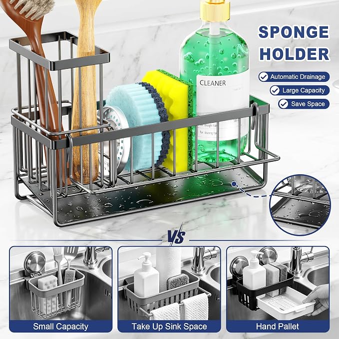 Sponge Holder for Kitchen Sink, Kitchen Sink Caddy, Kitchen Sink Sponge Holder, Dish Sponge Holder, Kitchen Sink Organizer for Sponge, Dish Brush, Scrubber(9.65" x 3.74" x 6.3", Dark gray)