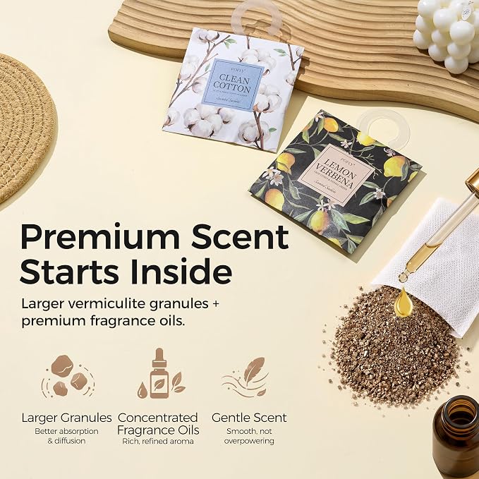 12 Pack Clean Cotton Scented Sachets, Air Freshener for Small Spaces | Hanging Sachet Bags with Retractable Hook; Closet Deodorizer & Odor Eliminator for Drawers, Shoe Cabinets, Cars & Luggage