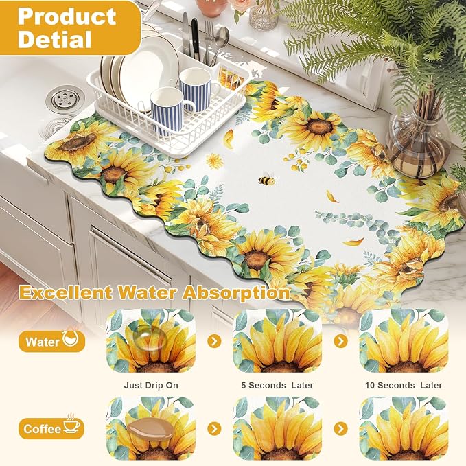 LOKHOM Scalloped Floral Dish Drying Mat, 17"x32" Super Absorbent Coffee Mat with Watercolor Yellow Sunflowers, Cuttable Hide Stain Non-slip Drying Mat for Kitchen Counter Coffee Maker Espresso Machine