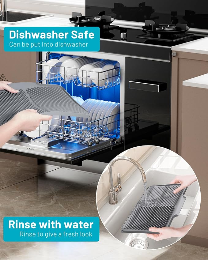 Dish Drying Mat Kitchen Counter - Silicone Dish Drying Pad with Built-in Drain for Sink, Refrigerator and Drawer liner, Easy Clean, Non-Slip, Heat Resistant, 15.8" x 13"