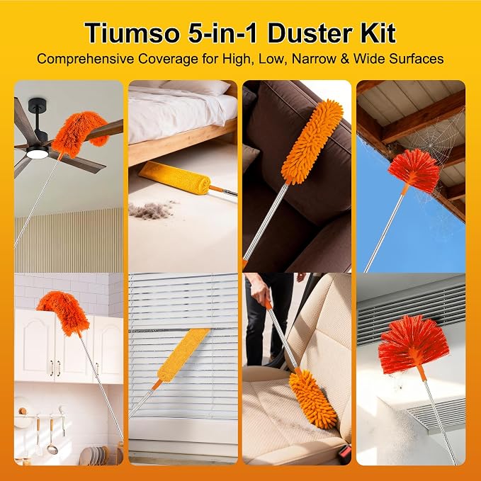 Tiumso 5-in-1 Duster with Extension Pole 100” Extendable Dusters for Cleaning Reusable Anti-Spin Dusting Kits for High Ceiling Fans, Cobwebs & Vents, Reinforced Stainless Steel Telescopic Handle
