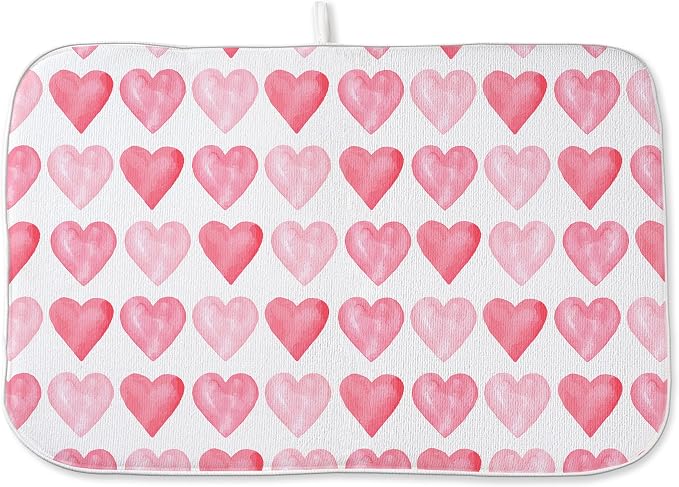 Valentines Day Dish Drying Mats 18x24 Inch Love Pink Heart Drying Mats Anniversary Mother's Day Holiday Valentines Decorations Absorbent Drying Dish Mats for Kitchen Dining Room Counter Decor