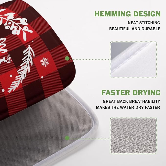 Merry Christmas Dish Drying Mat for Kitchen Counter, Red Buffalo Plaid Kitchen Drying Mat Microfiber Absorbent Dishes Pad Winter Xmas Dish Drainer Rack Mats Fast Dry Kitchen Accessories 16”x18”