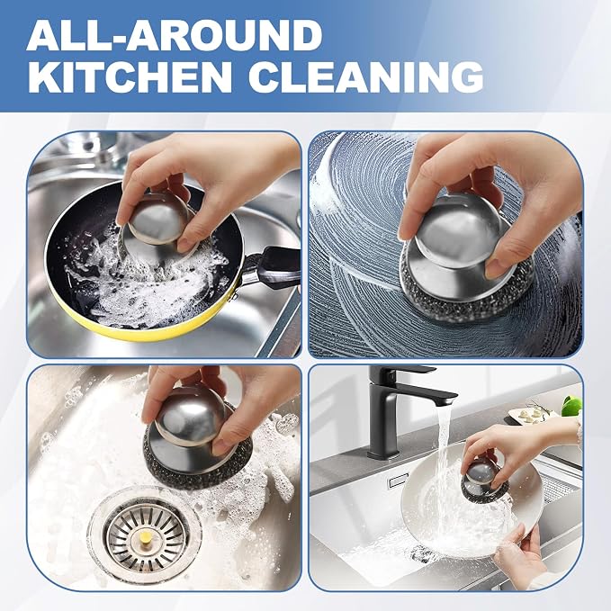10Pcs Steel Wool Scrubber, Steel Wool Pads with 2Pcs Handle, Stainless Steel Scrubber for Dishes, Kitchen, Cleaning, Stoves, Pots and Pans, Grill, Wash Sink, Cleaning Dishes