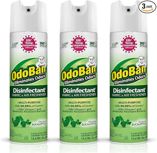 OdoBan Ready-to-Use 360-Degree Continuous Spray Disinfectant and Harsh Aroma Eliminator, Fabric and Air Freshener, 3 Pack, 14.6 Ounces Each, Original Eucalyptus Scent Clear