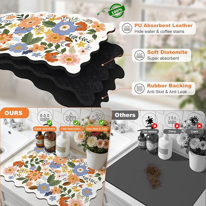 LOKHOM Scalloped Floral Dish Drying Mat, 12"x20" Super Absorbent Coffee Mat with Unique Spring Wildflowers, Cuttable Hide Stain Non-slip Drying Mat for Kitchen Counter Coffee Maker Espresso Machine