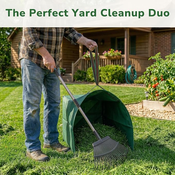 GreatBuddy Leaf Rake and Leaf Bags Combo, Adjustable Metal Garden Rake 29''-72'' 25 Tines, 2 Pack 53 Gallon Reusable Yard Waste Bags, Heavy Duty Lawn Rake with Dustpan Leaf Collector for Yard Cleanup