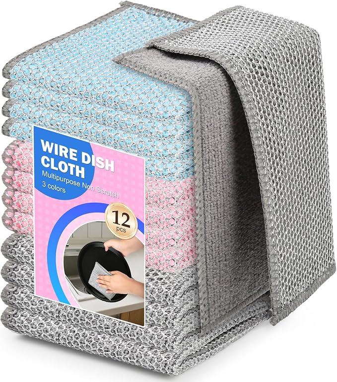 12Pack Upgrade Multi-Purpose Wire Dishcloths, Double-Side Non Scratch Wire Dishcloth, Silver Mesh Dish Cloths, Reusable Metal Mesh Cleaning Cloths, Mesh Scrub Cloths for Kitchen/Stove/Oven