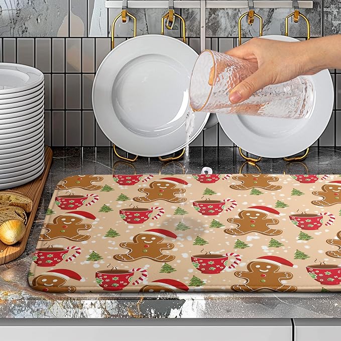 Cute Gingerbread Man Xmas Dish Drying Mat, Absorbent Dish Pad, 18x24 inch