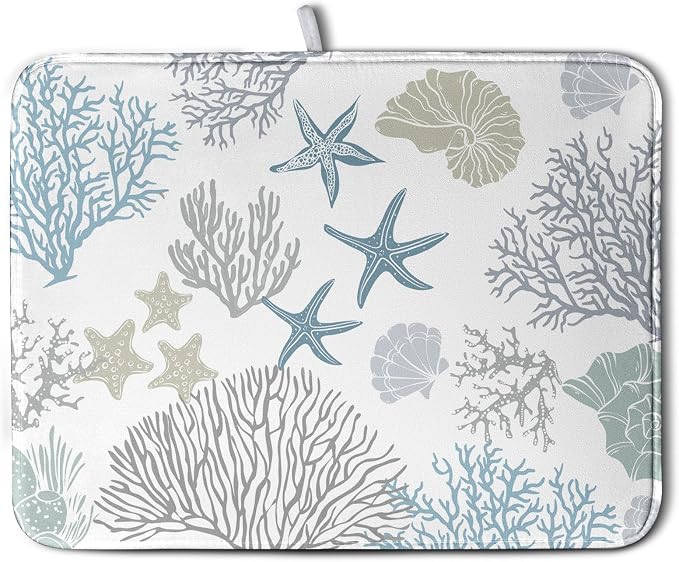 Coastal Dish Drying Mats for Kitchen Counter 18 x 24 Inch Summer Beach Drying Mat Coral Starfish Nautical Dish Rack Mat Ocean Themed Microfiber Absorbent Dish Drying Pad with Hanging Loop