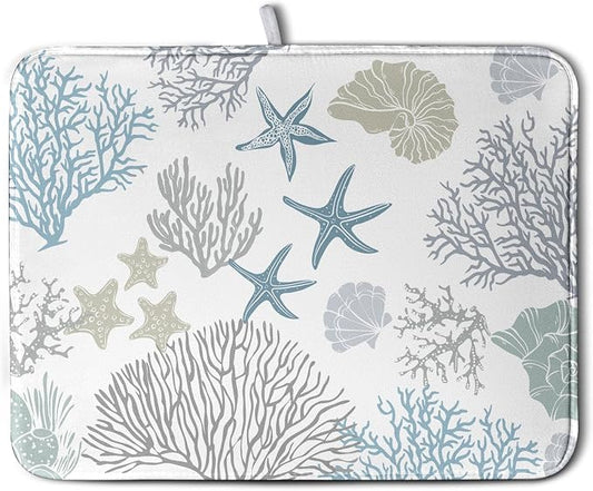Coastal Dish Drying Mats for Kitchen Counter 18 x 24 Inch Summer Beach Drying Mat Coral Starfish Nautical Dish Rack Mat Ocean Themed Microfiber Absorbent Dish Drying Pad with Hanging Loop