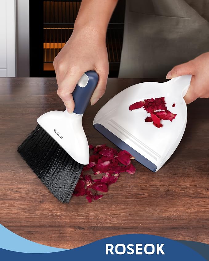 ROSEOK Mini Dustpan and Brush Set, Small Broom and Dust Pan, Navy Blue | Portable Cleaning Brush and Dustpan Combo for Kitchen Counter, Tables, Office, Car