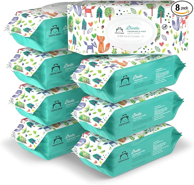 Amazon Brand - Mama Bear Gentle Formulated without Fragrance Baby Wipes, Hypoallergenic, Sensitive Skin, Unscented, 800 Count (8 Packs of 100)