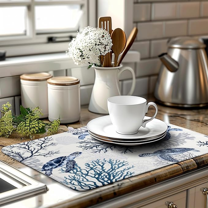 Summer Nautical Coastal Dish Drying Mat for Kitchen Counter Ocean Coral Sea Turtle Drying Rack Mats Beach Blue Dishes Drainer Mat Absorbent Microfiber Large Dish Draining Pad 18x24 Inch
