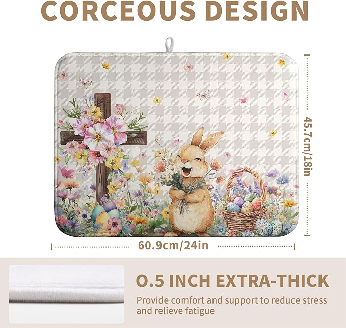 Easter Bunny Dish Drying Mats Spring Floral Dish Mat Easter Cross Eggs Drying Matt Dishes Dryer Pad for Kitchen Counter Absorbent Microfiber Washable Foldable Reusable 18x24 in