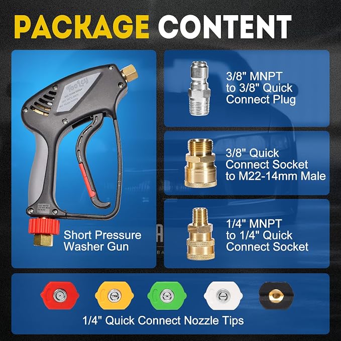 TOOLCY Pro Short Pressure Washer Gun 5000 PSI with 360° Swivel,3/8" Quick Connect Inlet, Power Washer Gun with 1/4" Quick Connect Outlet, Includes 3/8" QC to M22-14mm Adapter & 5 Nozzle Tips