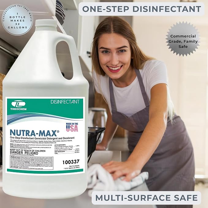 Nutra-Max Hospital Grade Disinfectant, EPA List N & G, Kills 99.9% Viruses & Bacteria, 1:32 Concentrate Makes 32 Gallons, Commercial Multi-Surface Cleaner For Home