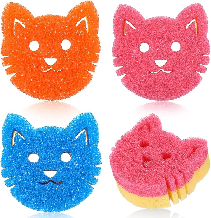 FillTouch 3 Pcs Dual Sided Scrub Sponge Multi Functional Cute Temperature Sensitive Non Scratch Dish Sponge for Washing Dishes Kitchen Bathroom (Cat,Pink, Orange, Royal Blue)