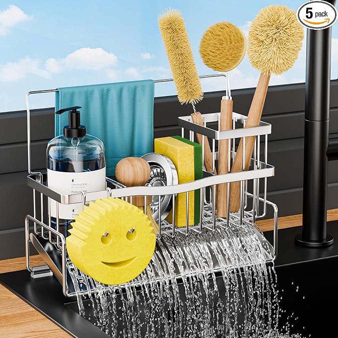 Sponge Holder for Kitchen Sink 304 Stainless Steel Self-Draining Sink Caddy with Smiley Face Sponge and Brush Holder Towel Bar and Divider Kitchen Gadgets Organizer for Countertop, Silver