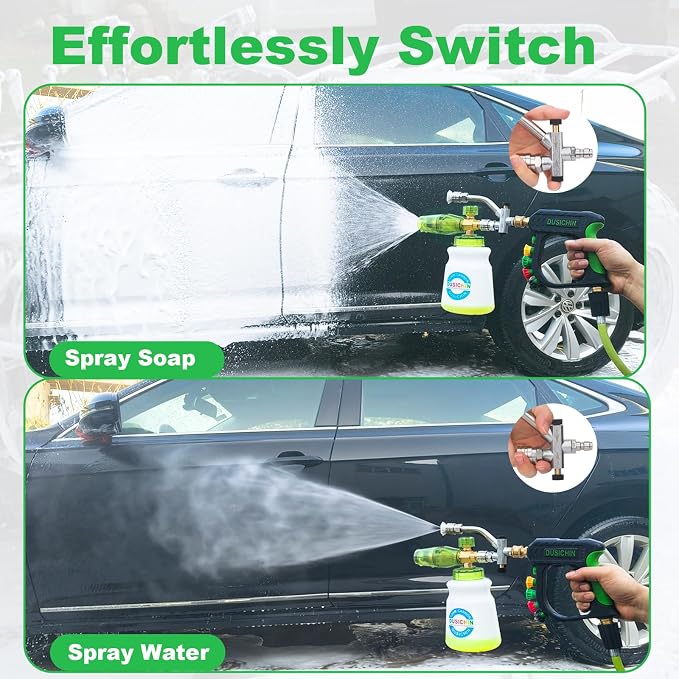 Pressure Washer Gun Foam Cannon Dual Connector Shift Valve, Car Wash Foam Cannon Kit 1/4 Inch Quick Connector 5 Pressure Washer Nozzle Tips Build-in Design Work with A Pressure Washer DUS2703