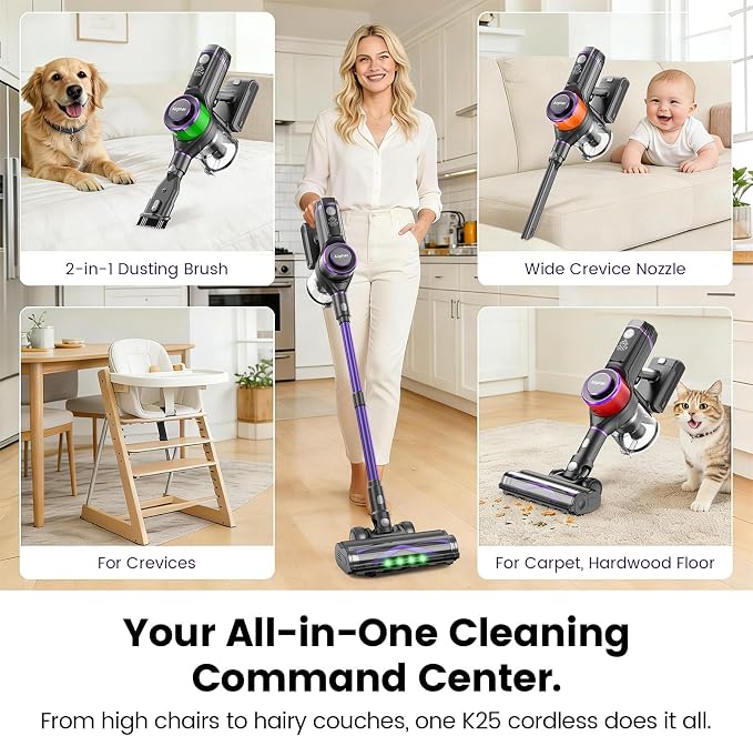Cordless Vacuum Cleaner, 600W 45KPA Dual Motor Vacuum for Home with AI Auto Suction,70Min Runtime,Stick Vacuums with Self-Standing Design,LED Headlights,for Carpet,Hardwood Floors,Pet Hair,Tile