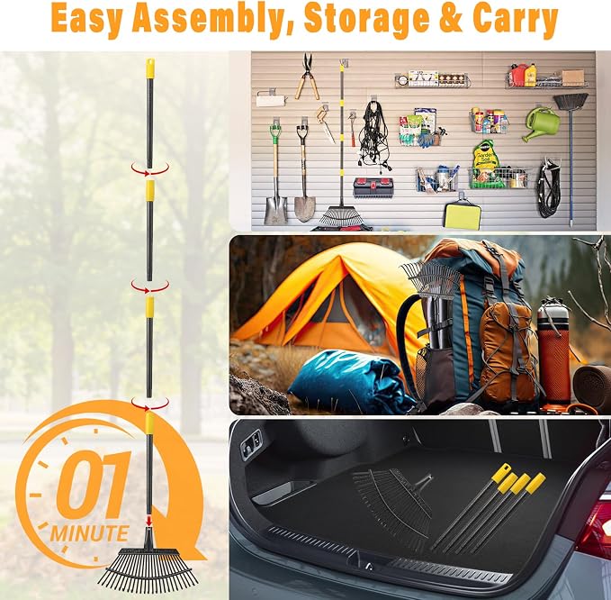 25-Tine Metal Leaf Rake Set with Adjustable Handle, 32-Gallon Bag & Leaf Scoops for Effortless Yard Cleanup, Heavy Duty Sturdy Garden Rake for Lawns, Backyard, Fall & Spring Cleaning 6FT