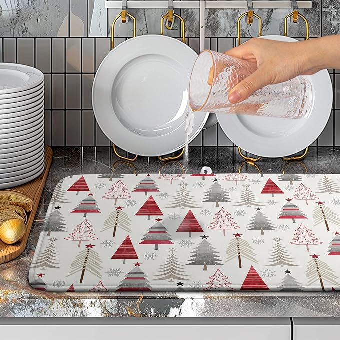 Christmas Dish Drying Mats for Kitchen Counter Xmas Tree Drying Mat Winter Holiday Dishes Drying Pad Microfiber Absorbent Dish Draining Mat Washable Dish Drainer Rack Mat 18x24 Inch