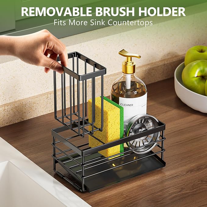 Cisily Sink Caddy Sponge Holder for Kitchen with Brush Holder and Stainless Steel Self Drain Tray, Rustproof Kitchen Sink Organizer for Sponge, Soap Dispenser Storage Accessories