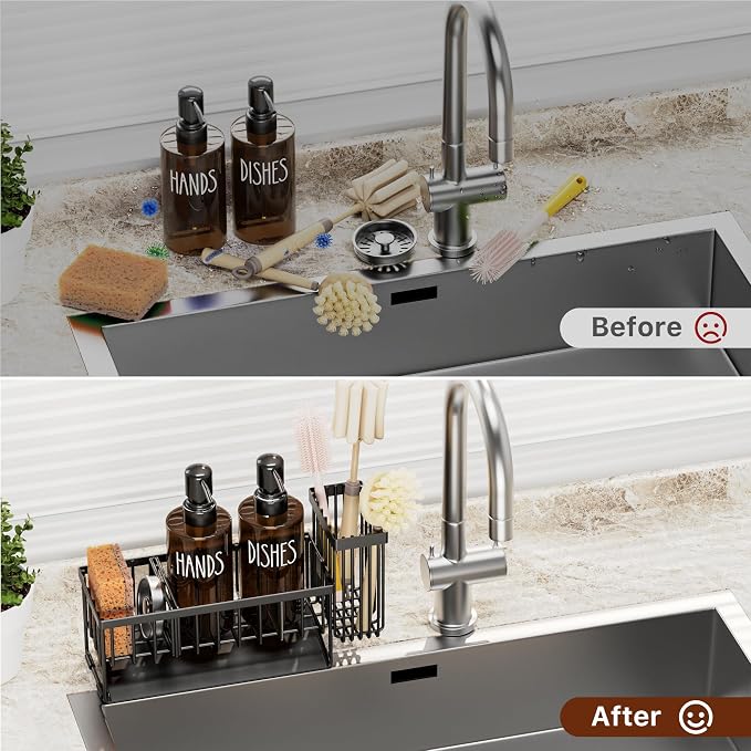 MASADI Kitchen Dish Soap Dispenser Set with Sponge Holder, 12OZ Glass Bottle, Hand and Dish Soap Dispenser Set, Non-Slip Silicone Pad, Brush Holder, Kitchen Sink Organizer Countertop (Black+Amber)