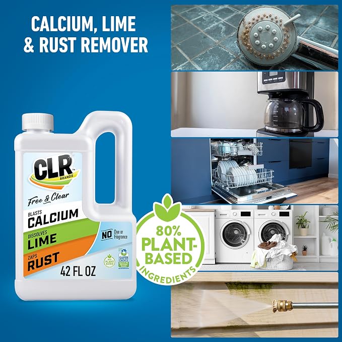 CLR Brands Calcium, Lime & Rust Remover Free & Clear, No Dyes or Fragrances, Gentle Lime and Bathroom Descaler, Removes Hard Water Stains and Rust Deposits, 42 Oz Bottle