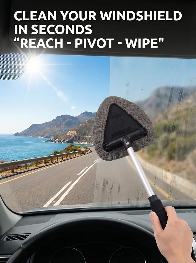TAKAVU Window & Windshield Cleaner, Extendable, 3 Microfiber Pads (Grey) | Pivoting Triangle Head Wiper Cleans Interior & Exterior Glass, 3 Washable Reusable Bonnets, Lint-Free