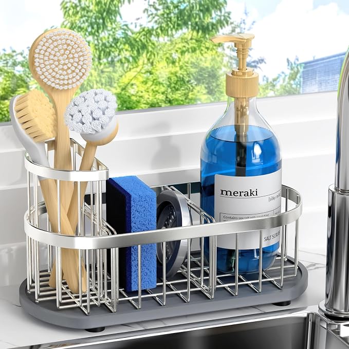 Sponge Holder for Kitchen Sink with High Brush Holder, [Stay-Dry Anywhere & No Drainage Needed] Rustproof Stainless Steel Kitchen Sink Caddy Organizer with Water Absorbing Stone Tray, Silver