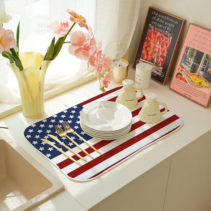 Memorial Day Dish Drying Mats 18x24 Independence Day Red American Flag Striped Star Drying Mats Patriotic Outdoor Decoration Absorbent 4th Of July Drying Pad for Counter Kitchen Dining Room