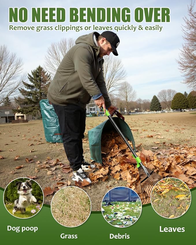 63.4 Inch Adjustable 18 Tines Metal Leaf Rake Set with 40 Gal Dustpan Bags | Adjustable garden rake, Leaf scoop set, Lawn debris collector, Metal tine rake,Outdoor yard tool,Garden shrub & grass sweeper