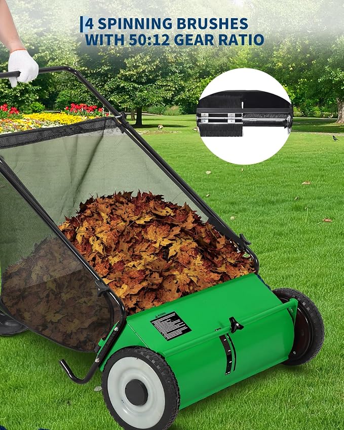 Push Lawn Sweeper for Leaves, 26" Width Heavy Duty Steel Frame Grass Catcher with 7 Cu. Ft. Hopper Bag & 4 Spinning Brushes for Yard and Garden Cleanup, Green